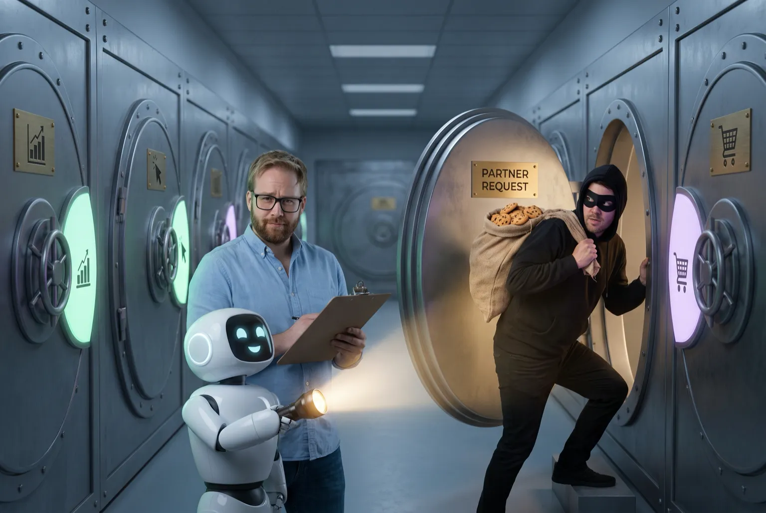 Jakub as a night watchman in a corridor of glowing ad-account vault doors. A small robot's torch catches a hooded figure slipping through a door marked Partner request, carrying a sack of cookies.