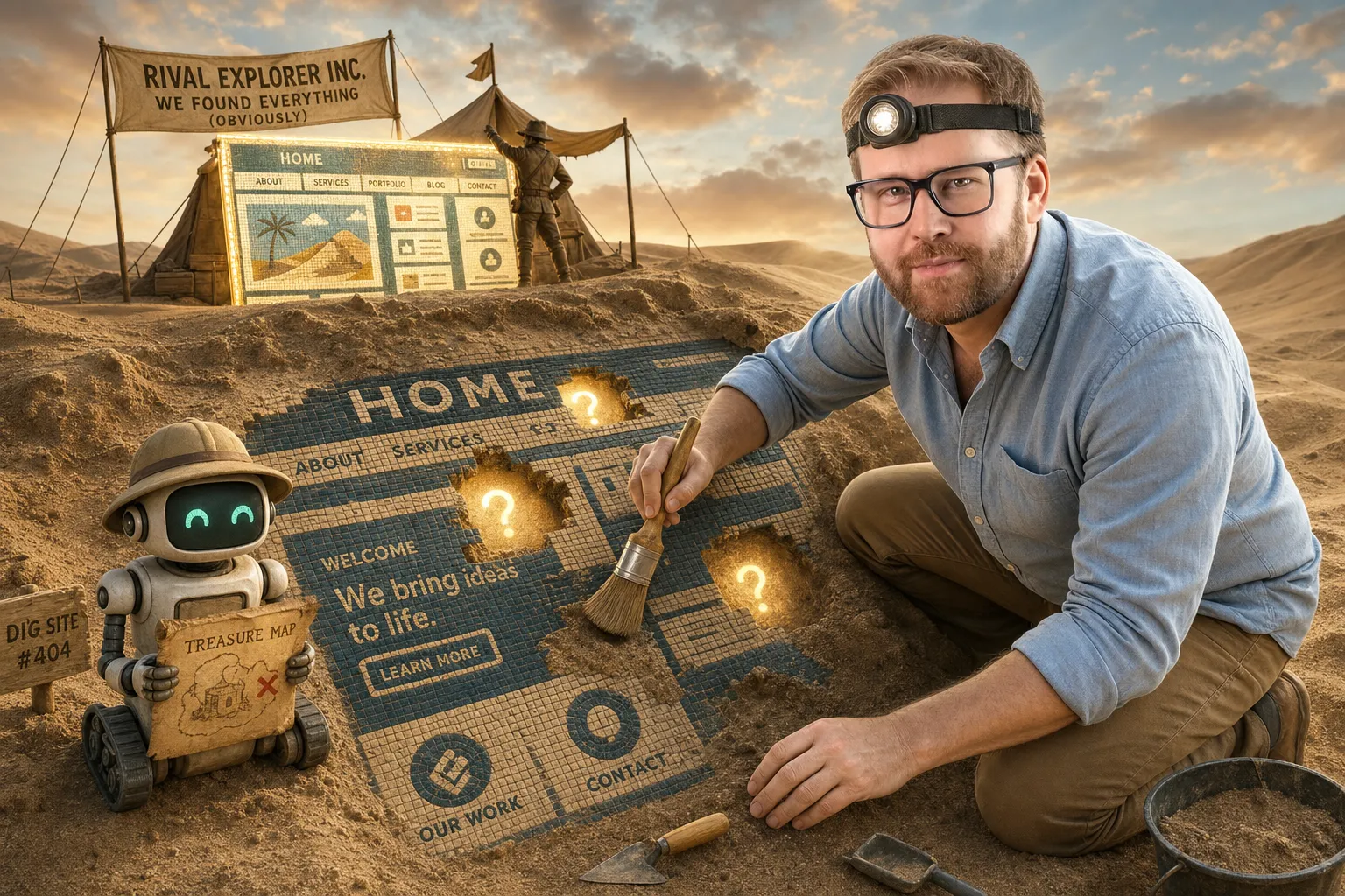 An archaeologist brushing dust off missing tiles in a map of a website