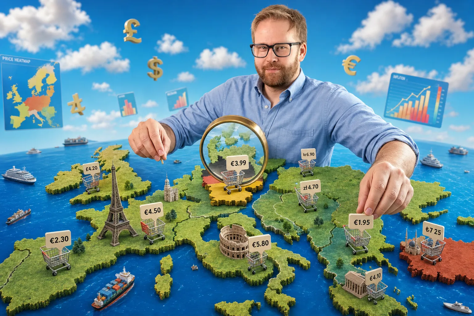 An illustrated figure standing over a map of Europe, sorting countries into stacks