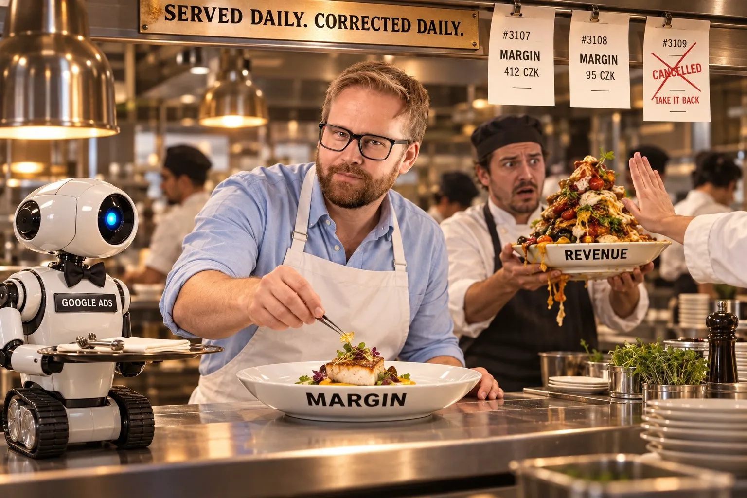 A chef plates a small dish on a plate labelled Margin, while a cook behind him holds an overflowing plate labelled Revenue that is being turned away. A small robot waiter labelled Google Ads waits at the counter.